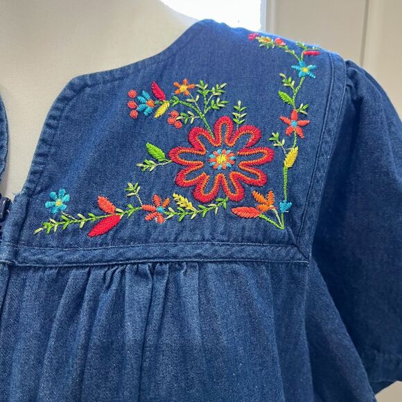 Go Softly Denim Embroidered Floral Zip Front Midi Patio Dress – Size M - Picture 5 of 12